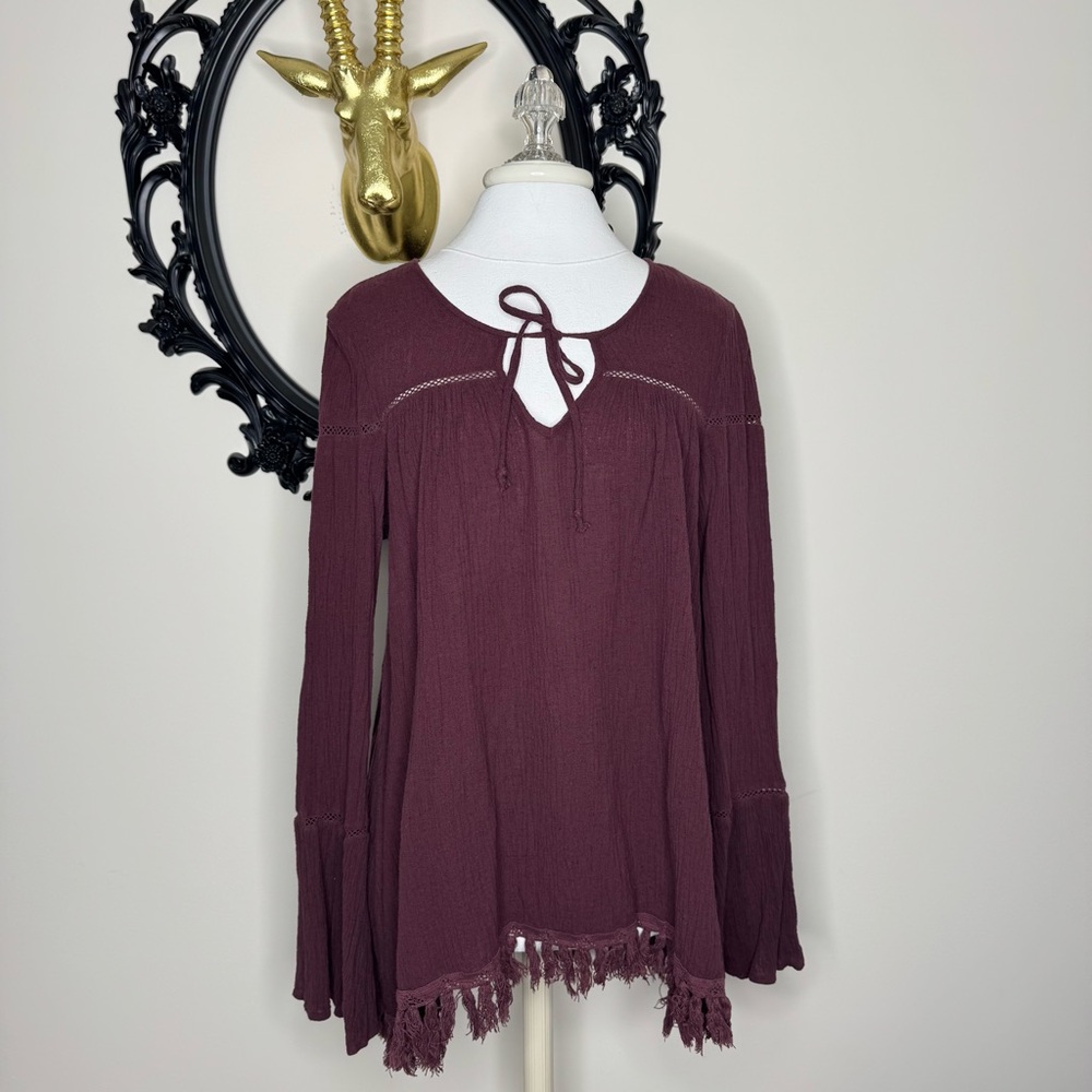 Black Swan Plum Wine Colored Long Bell Sleeve Boho Style Top